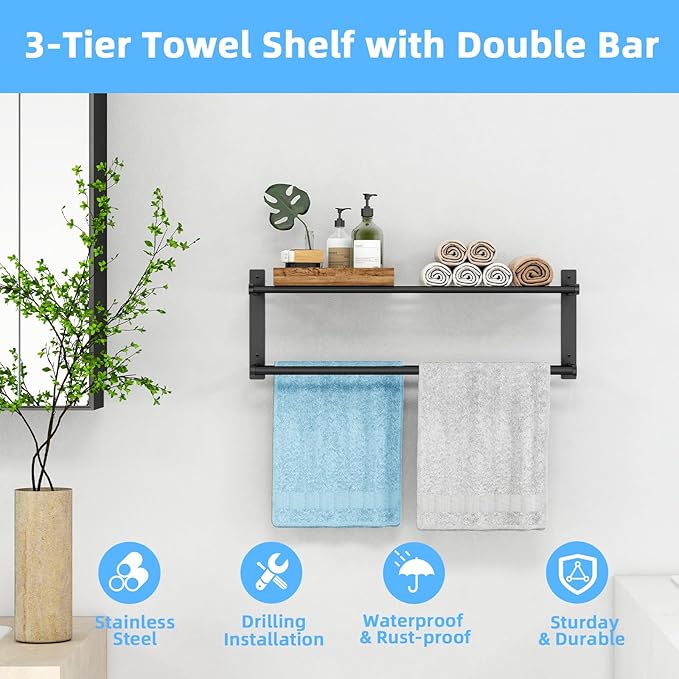 Bathroom Towel Rack 24", 2 Tier Towel Racks for Bathroom Wall Mounted, Bathroom Shelf with Double Towel Bar, Stainless Steel Towel Storage for Bathroom Lavatory Towel Holder Hanger, Black