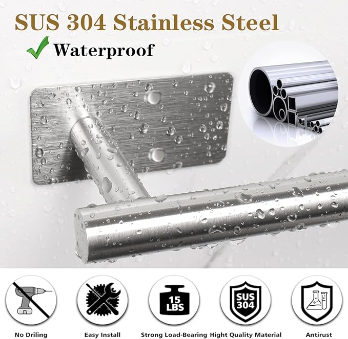 Self Adhesive Bath Towel Bar, Stainless Steel Towel Racks for Bathroom No Drilling Heavy Duty Towel Holder Stick on Wall Sturdy and Rustproof Towel Hanger for Bathroom(Brushed Nickel,16In)