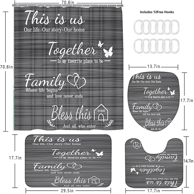 AZHM Family Shower Curtain Set Gray Home Bathroom Set with Shower Curtain and Rugs and Accessories Bathroom Decor Curtain with 12 Hooks