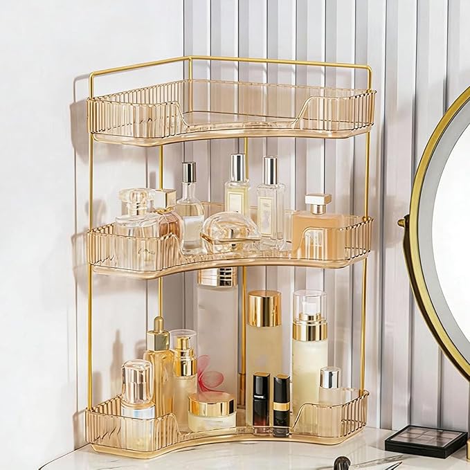 Multi-Tier Corner Countertop Organizer Rack, Makeup Organizers for Vanity, Practical Shelf for Toiletries and Accessories, Corner Counter Storage for Bathroom Dresser (Gold-3Tier)