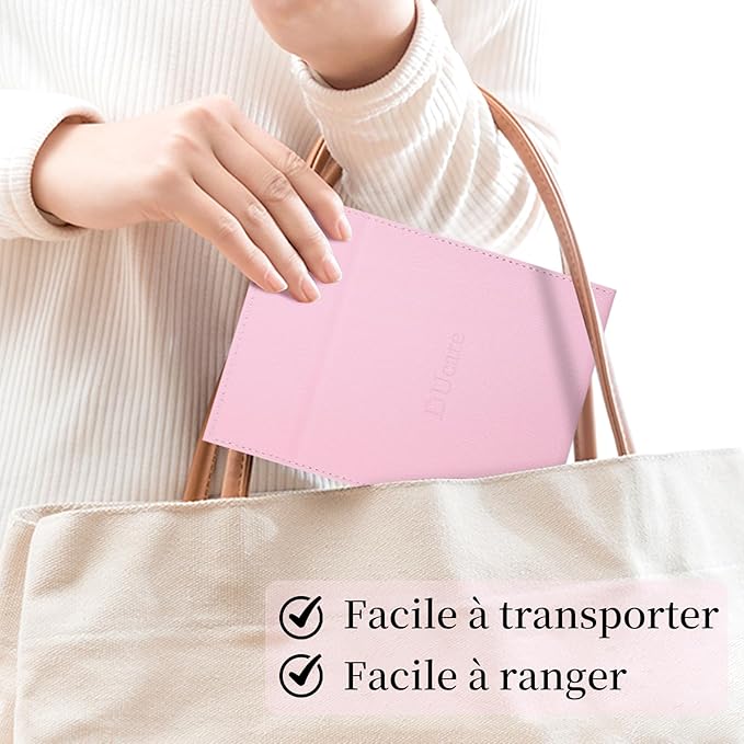 DUcare Folding Mirror Portable Travel PU Portable Adjustable Rectangular Ultrathin Vanity Mirror with Stand Pink