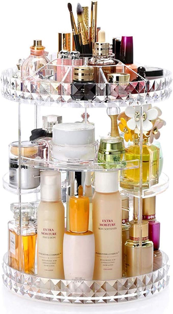 PJLANDI Acrylic 360 Degree Rotation Makeup Organizer, Cosmetic Storage holder shelf rack Perfume in Bathroom Dresser Diamond Pattern for skin care stand