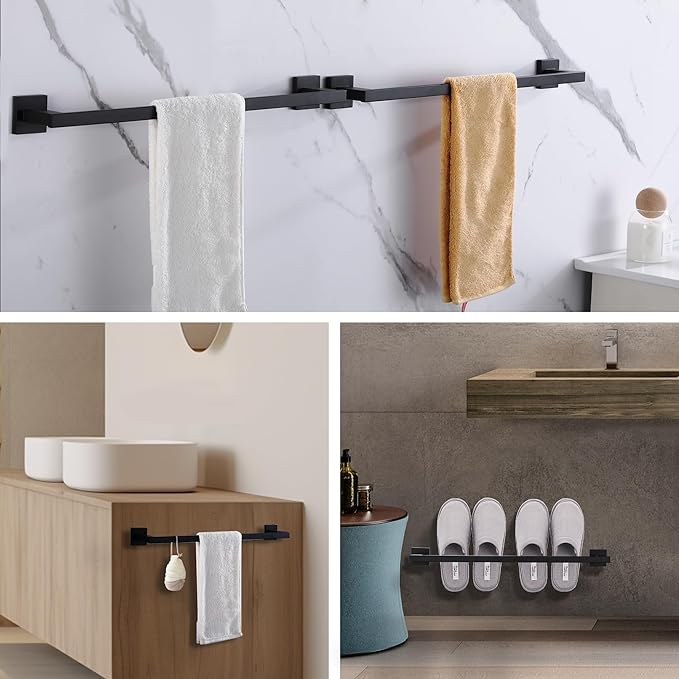 LANC 24-Inche Black Towel Bar for Bathroom Wall Mounted Matte Black Bath Towel Rack Stainless Steel Towel Rod for Cabinet Kitchen Towel Holder Towel Hanger Towel Rail, A9010MB-L6