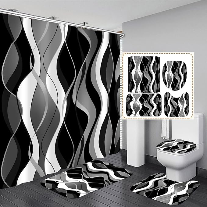 Nkzply 4 Pcs Black and White Striped Shower Curtain Set Black and Grey Bathroom Sets with Shower Curtain and Rugs Modern Home Bathroom Decor Shower Curtains with Rugs and Toilet Lid Cover