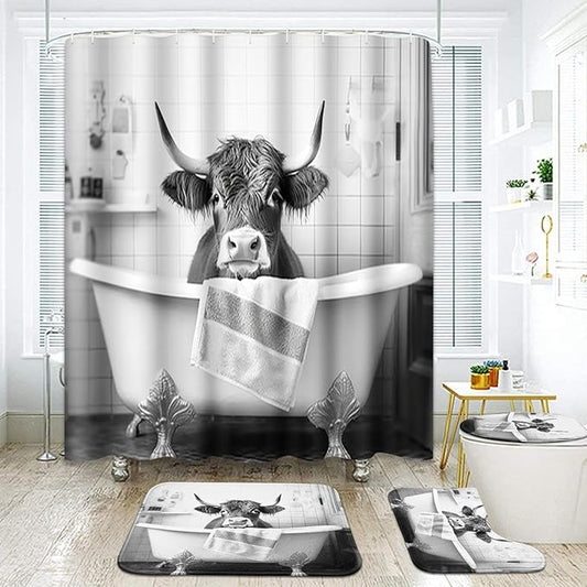 ArtSocket Highland Cow Bathroom Set with Shower Curtain and Rugs and Accessories, Funny Farmhouse Bull in Bathtub Cute Grey Shower Curtain for Bathroom Decor 4 Pcs