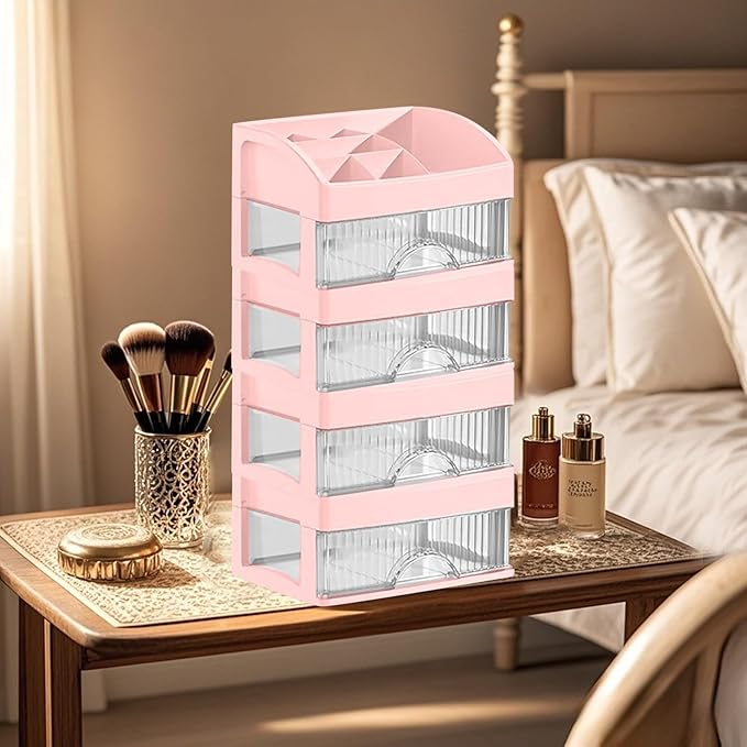 Makeup and Jewelry Organizer-Multilayer Transparent Drawer Storage,Desk Drawer Organizer-Cosmetics Jewelry Storage Cabinet,Desktop Rack for Stationery | Household Storage,for School Home (pink, XL)