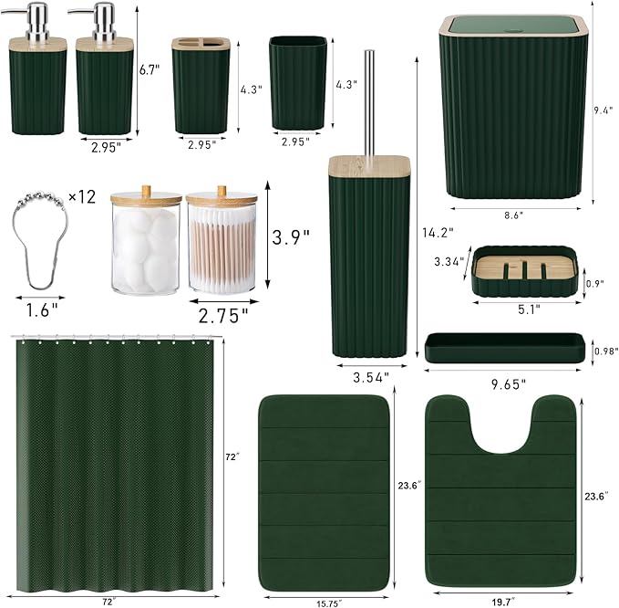 XLHOMO Bathroom Accessories Set - 25PC Green Bathroom Set, Bathroom Set with Shower Curtain and Rugs, Green Shower Curtain Set, Toilet Brush, Bathroom Trash Can