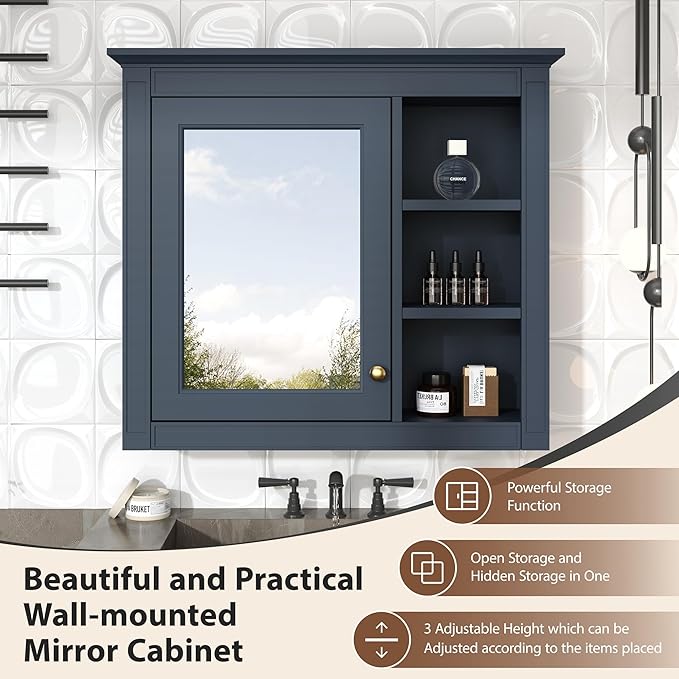 Merax Bathroom Medicine Cabinet with Mirror, Wall Mounted Medicine Cabinet with Single Door and Shelves, Over The Toilet Mirrored Bathroom Storage Wall Cabinet (Blue, 30")