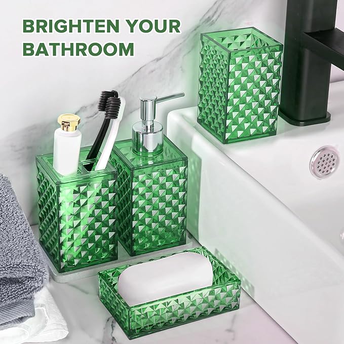 RYTOXILO Green Bathroom Accessories Set, 4 Pack Green Bath Accessory Sets Complete, Acrylic Soap Dispenser and Toothbrush Holder Set for Bathroom Counter Sink, Modern Bathroom Decor