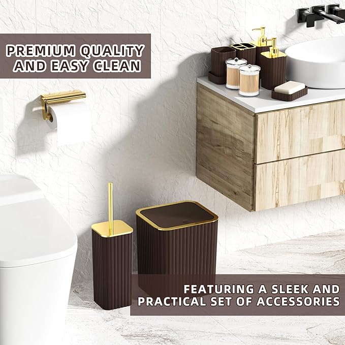 XLHOMO Bathroom Accessories Set - Gorgeous Bathroom Set, 10PC Brown Bathroom Accessories, Bathroom Accessory Set, Toilet Brush, Trash Can, Qtip Holder Dispenser & Soap Dispenser