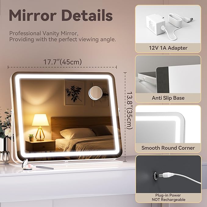 MINISO Vanity Mirror with Lights, 18" x 14" LED Makeup Mirror, Light & Brightness Adjustment, Smart Sensor, 360°Rotation, Aluminum Alloy Metal White Frame, with 10X Magnifying Glass