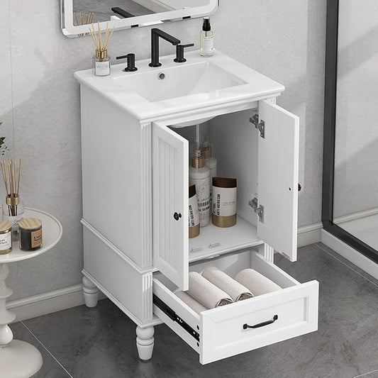 Virubi 20" Small Bathroom Vanity with Sink,Doors and Drawer,Wood Mid-Century Modern Bathroom Sink Cabinets with Adiustable Foot Pads,for Small Space,Freestanding (White)