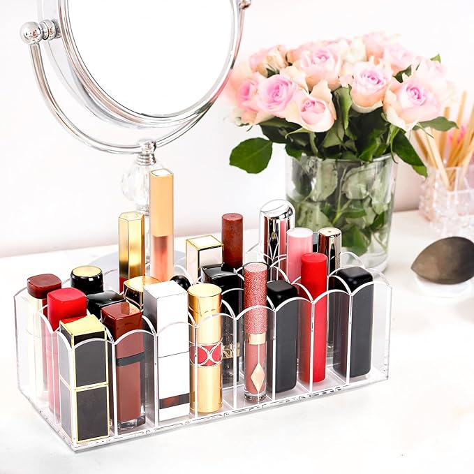 Hedume 2 Pack Lip Gloss Holder Organizer, 24 Spaces Acrylic Lip Gloss & Makeup Holder, Lipgloss Display Case for Tall Products