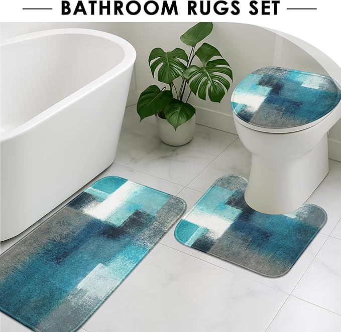 Turquoise Abstract Shower Curtain Set with Toilet Lid Cover and Non-Slip Rugs for Bathroom, Modern Painting Art 4 Pcs Shower Curtain, Vintage Grey White Bathroom Set with 12 Hooks