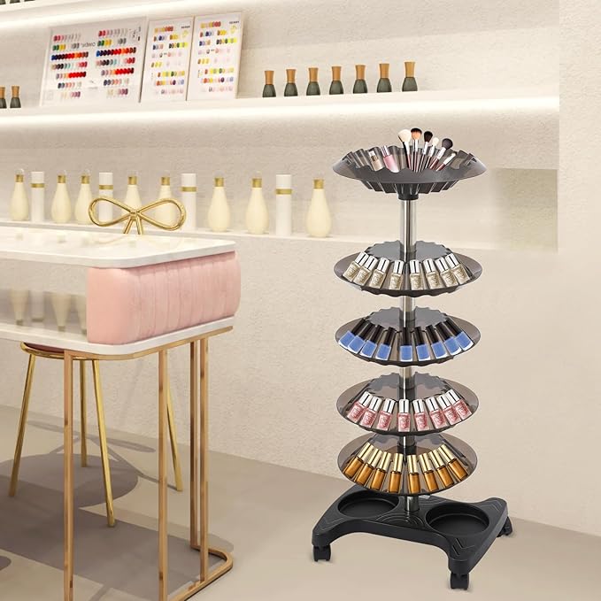 DYRABREST 5-Tier Nail Polish Trolley Organizer, 360° Rotating Nail Polish Display Stand with Wheels, Adjustable Shelves, White Modern Rolling Cart for Nail Salons and Home Use (black)