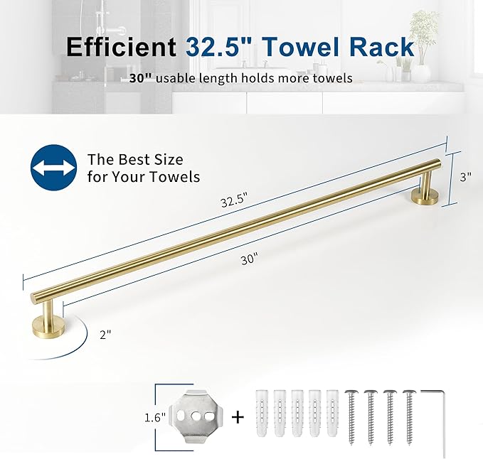 Brushed Gold Towel Bar, 30 Inch Towel Racks for Bathroom Wall Mounted, Thicken SUS304 Stainless Steel Heavy Duty Hand Towel Holder Organizer, Bathroom Accessories, Total Length 32.5 Inch