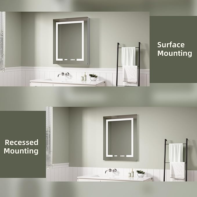 LED Medicine Cabinet Mirror, 24x30 Inch Bathroom Storage, Recessed/Wall Mount, Plug-in/Hardwired, 3 Color Dimmable Light, Anti-Fog, Time Temp Display, Right Hinge