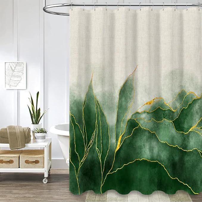 Linen Marble Shower Curtain Ombre Green Gold Modern Bathroom Art Decor Emerald Green Golden Fabric Waterproof Heavy Duty 230GSM Textured Cotton Linen 72 x 72 Inches