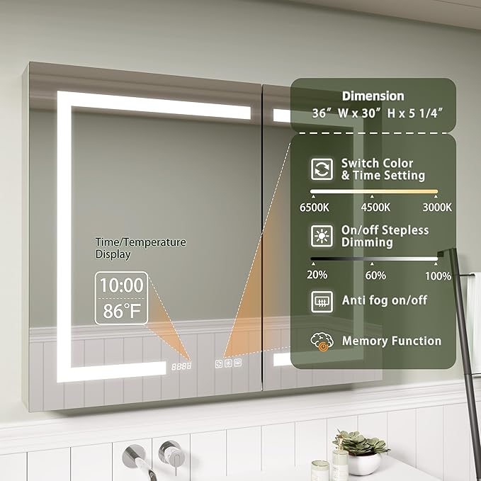 LED Medicine Cabinet Mirror with Lights, 36 x 30 Inch Bathroom Storage, Recessed/Wall Mount, Plug-in/Hardwired, 3 Color Dimmable Light, Anti-Fog, Time Temp Display