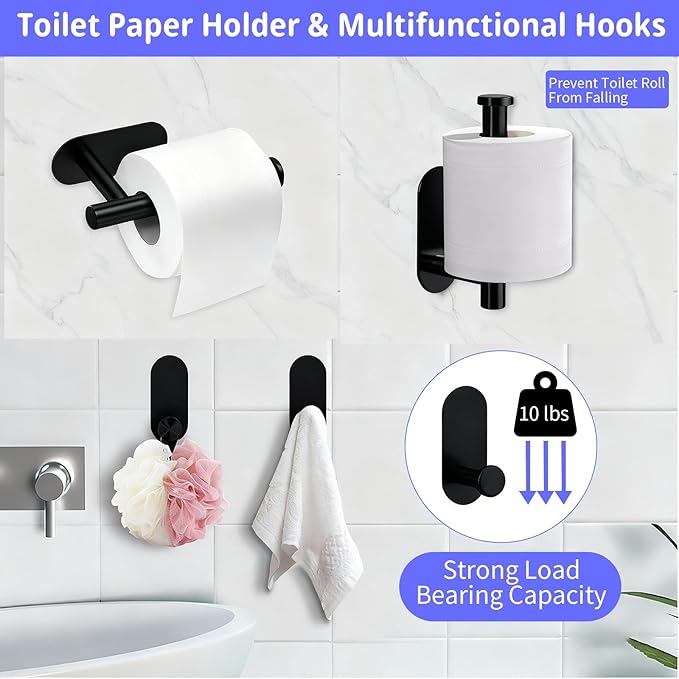 Bathroom Hardware Set, 16" Bathroom Towel Holder with Toilet Paper Holder, Towel Ring, Towel Hook, Bathroom Accessories for Kitchens, Laundry Rooms (10, Black)