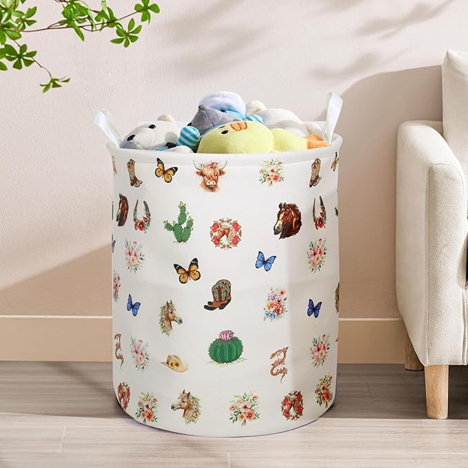 Highland Cow Laundry Basket Cute Western Cows Laundry Hamper, Cowboy Kids Large Storage Bins Box with Handles, Ideal for Room Nursery Decor, Books, Organizing Clothes, Toys