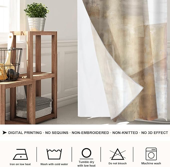 Shrahala Brown Abstract Art No Hooks Shower Curtain with Snap in Liner Set, Beige Painting Bathroom Décor Polyester Fiber Waterproof for Stall Bathtubs 35.5 X 74 in