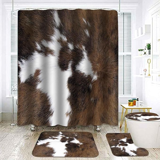 TOMWISH Western Bathroom Shower Curtain Set,Cowhide Print Bathroom Rug Shower Curtain Toilet Lid Cover and Bath Mat Farmhouse Brown Animal Print Bath Accessories Décor with 12pcs Hooks