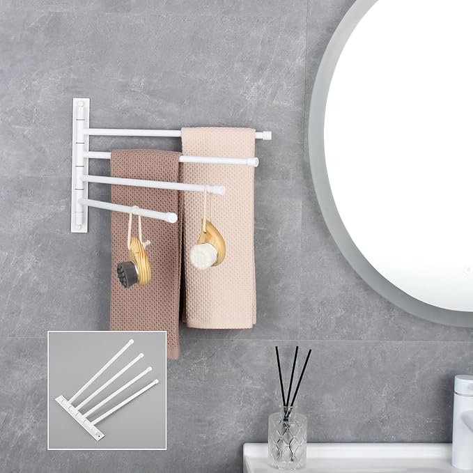 GERZWY Wall Mount Bath Towel Rack with 4 Arms Stainless Steel Bathroom Swing Arm Towel Bars Organizer, White