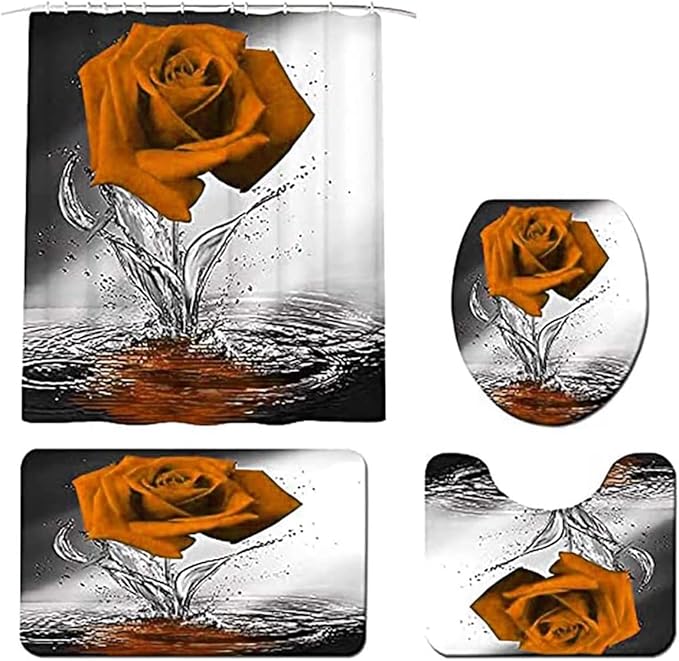 Orange Rose Bathroom Set with Shower Curtain, Non-Slip Rugs, Bath Mat, Toilet Lid Cover and 12 Strong Hooks - Modern Style