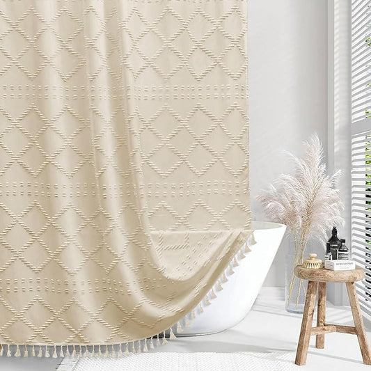Extra Long Boho Farmhouse Shower Curtain, 72 x 78 Cream/Beige Tufted Chevron Textured Striped Modern Minimalist Cloth Curtain for Bathroom