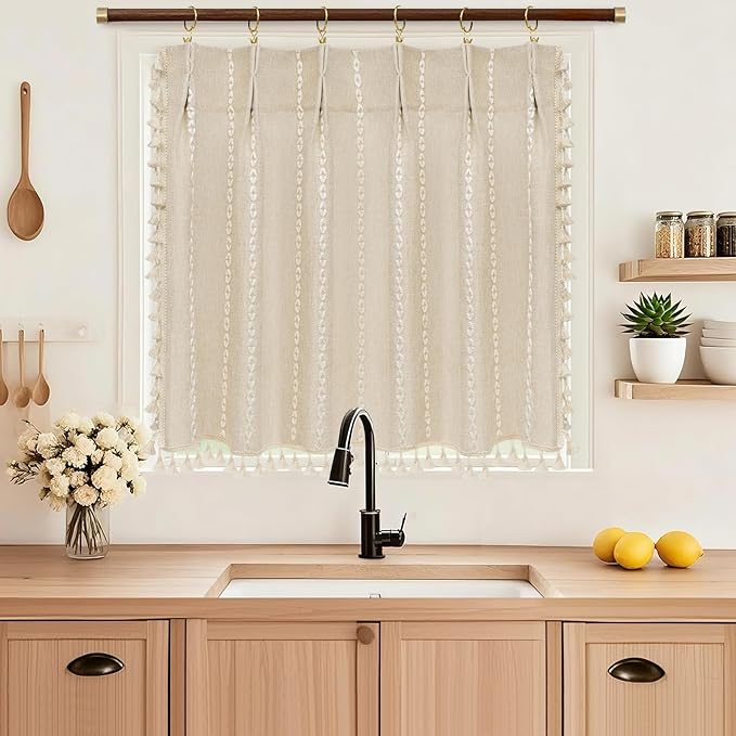 Beige Boho Farmhouse Window Curtain with Tassels, 30 x 36 Inch Light Filtering Sheer Short Cafe Window Curtain Tier, Linen Textured Pleated Small Window Drape for Kitchen or Bathroom, 1 Panel