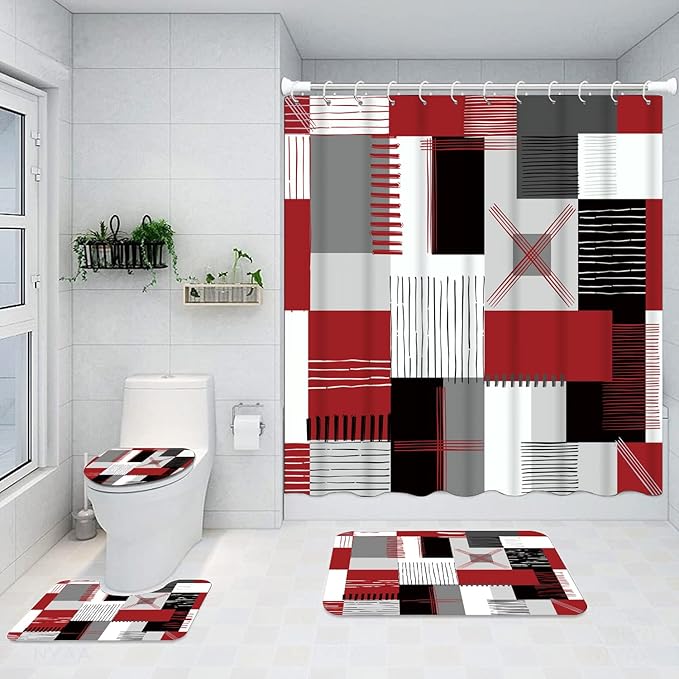 All Smiles Red Shower Curtain Sets with Non-Slip Rugs,Toilet Lid Cover and Bath Mat, Black and Gray Bathroom Decor Set Accessories Waterproof Shower Curtains