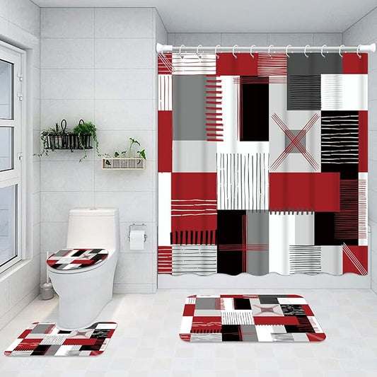 All Smiles Red Shower Curtain Sets with Non-Slip Rugs,Toilet Lid Cover and Bath Mat, Black and Gray Bathroom Decor Set Accessories Waterproof Shower Curtains