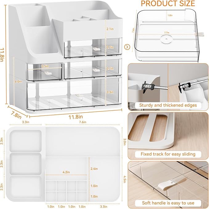 Yieach Countertop Makeup Organizers With Brush Holder,Big Skincare Organizers for Vanity,Dresser,Bathroom,Plastic Cosmetics Storage Organizer with 4 Drawers for Lotion,Beauty,Hair Product & Tool,White