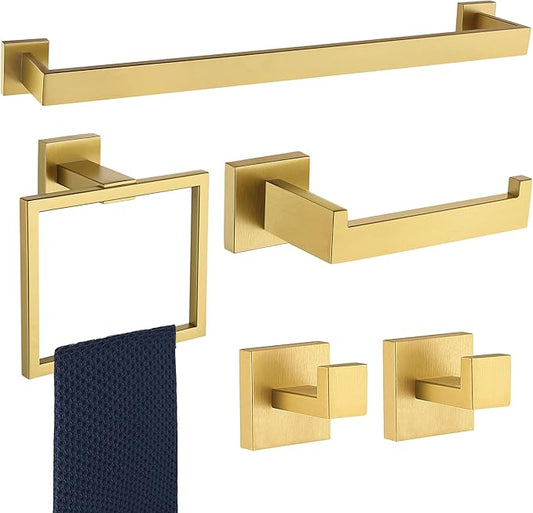 5 Pieces Bathroom Hardware Accessories Set Brushed Gold, 24Inch Bathroom Towel Rack Set SUS304 Stainless Steel, Square Bath Towel bar Set Wall Mounted, Heavy Duty