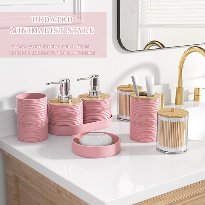 XLHOMO Pink Bathroom Set - 10PC Bathroom Accessories Set, Luxury Bathroom Accessory Set with Trash Can,Toilet Brush & 2 PC Soap Dispensers for Apartment Decor and Housewarming