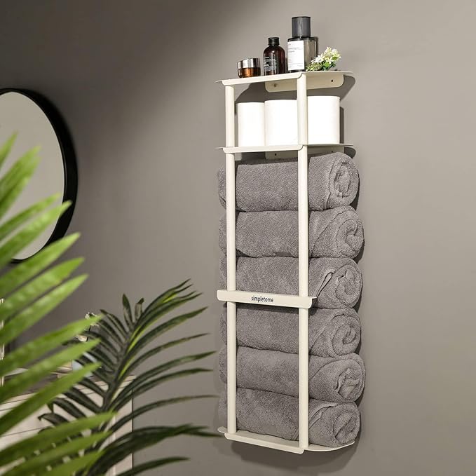simpletome Towel Racks for Bathroom Storage Shower Organizer 31 inch Wall Mounted with Shelves Can Holds 6 Large Towels Thickened Carbon Steel(Cream White)