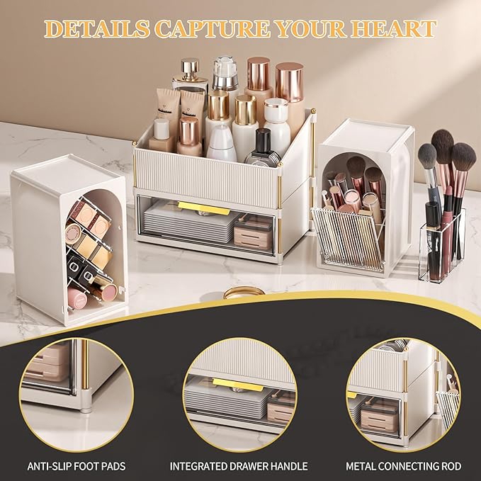 Seoneiro Makeup Organizer with Drawers, Cosmetic Storage for Dresser Countertop and Bathroom Vanity, Beauty Holder for Lipstick Brush Skincare Display case (Milky White + Transparent)