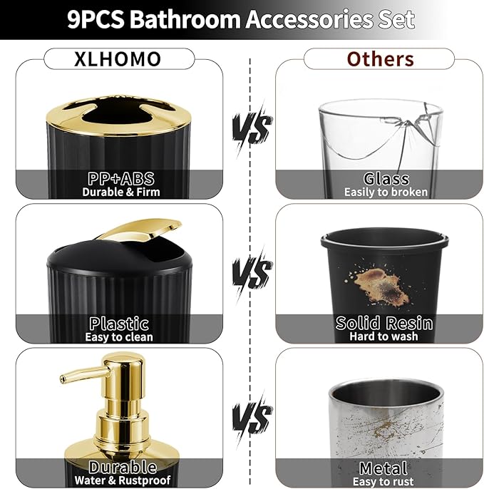 XLHOMO 9PCS Black and Gold Bathroom Accessories Set Complete with Trash Can, Vanity Tray, Soap Dispenser, Soap Dish, Toothbrush Holder, Toothbrush Cup, Toilet Brush and Qtip Holders