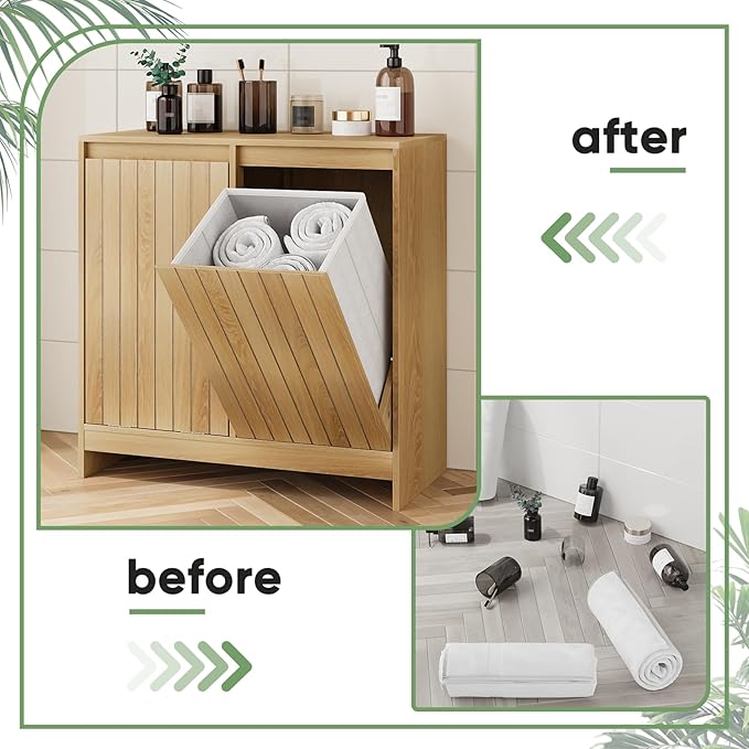 Smuxee Double Tilt Out Laundry Hamper Cabinet, Hidden Laundry Cabinet with Double Baskets, Natural Trash Can for Bathroom, Kitchen, Living Room