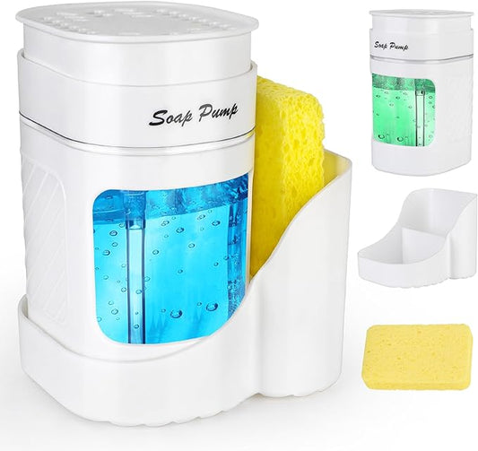 Kitchen Dish Soap Dispenser with Sponge Holder, 3-in-1 Countertop Dishwashing Soap Pump Dispenser Set for Kitchen Sink, Useful Kitchen Gadgets - White