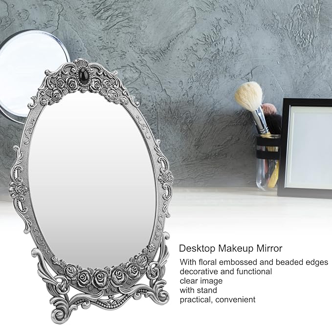TOPINCN Vintage Oval Floral Embossed Retro Desktop Makeup Mirror with Stand, Clear Image, Zinc Alloy Frame, Wall Mount, Antique Pewter Mirror, 1 Count