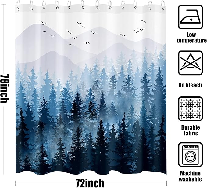 Accnicc 78 Inch Long Blue Misty Forest Shower Curtain Set Ombre Navy Blue Mountain Pine Tree Waterproof Fabric Shower Curtains for Bathroom Nature Woodland Decorative Modern Bath Curtain Decor