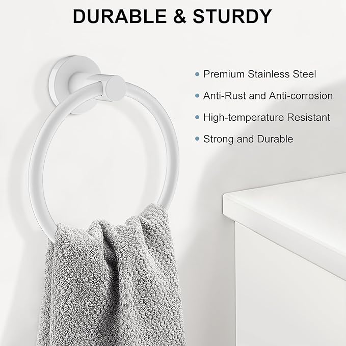 SetSail Towel Holder for Bathroom Wall Screw-in White Towel Ring Stainless Steel Hand Towel Holder Heavy Duty Towel Hanger for Bathrooms
