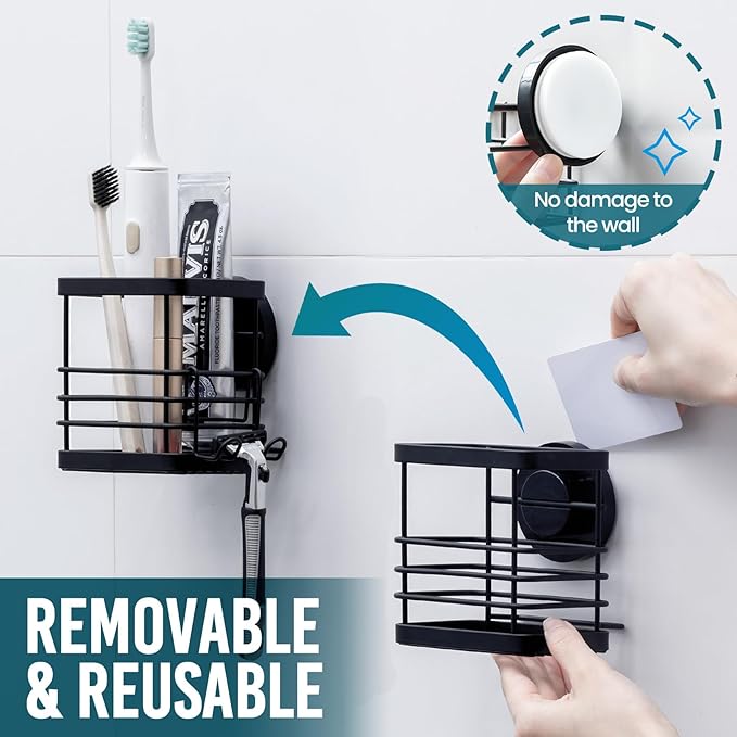 TAILI Patented Suction Cup Toothbrush Holder, Stainless Steel Anti-Puddling Shower Toothbrush Holder, No Drilling Removable Organizer for Bathroom Toothpaste, Razor, Kitchen and Office Items, Black