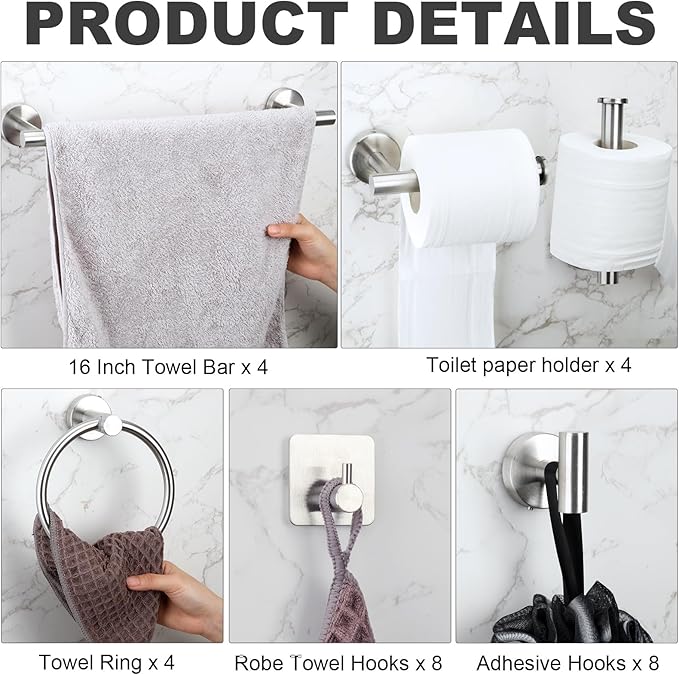 Blulu 28 Pcs Bathroom Hardware Set Stainless Steel Bathroom Accessories Set, Including 16'' Bath Towel Bar, Towel Rings, Robe Hooks, Toilet Paper Holders, Wall Mounted (Silver)