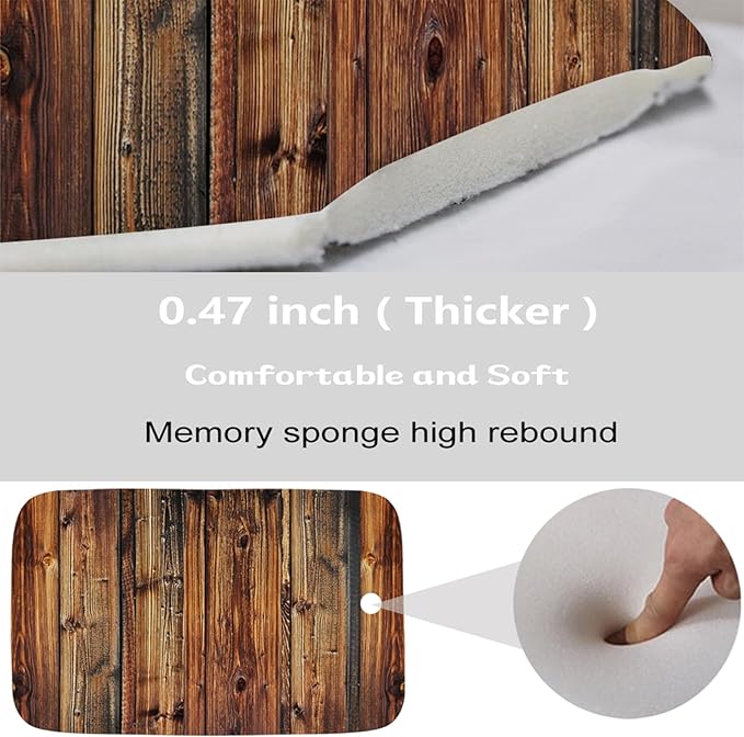 Rustic Farmhouse Wooden Board Print Bathroom Rugs and Mats Sets 3 Piece, Wood Western Country Bath Mat 20 x 31 in, Coral Velvet Memory Foam U-Shaped Contour Shower Mat Non Slip Absorbent