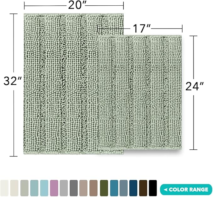 Turquoize Chenille Bathroom Rugs Set - Non-Slip Bath Mats, Extra Soft and Absorbent Shaggy Mats for Floor, Indoor Mat for Kitchen/Entryway (20" x 32" and 17" x 24"), Sage