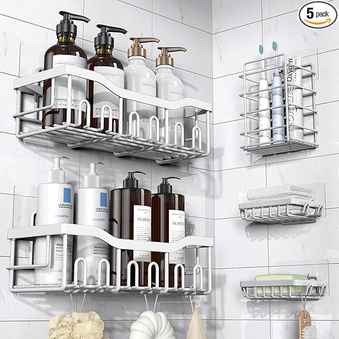 EUDELE 5-Pack Rustproof Stainless Steel Shower Caddy Set– No Drill Adhesive Bathroom Organizer, Space-Saving Shower Shelves for Apartment Essentials, Bathroom/Kitchen Storage Home Decor-L Size