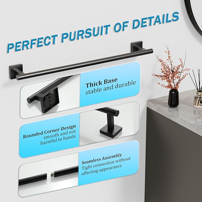 Alise 24 Inch Bathroom Towel Bar, SUS304 Stainless Steel Towel Racks for Bathroom, Towel Rack Wall Mounted Heavy Duty Hand Towel Holder Single Towel Bar, Matte Black